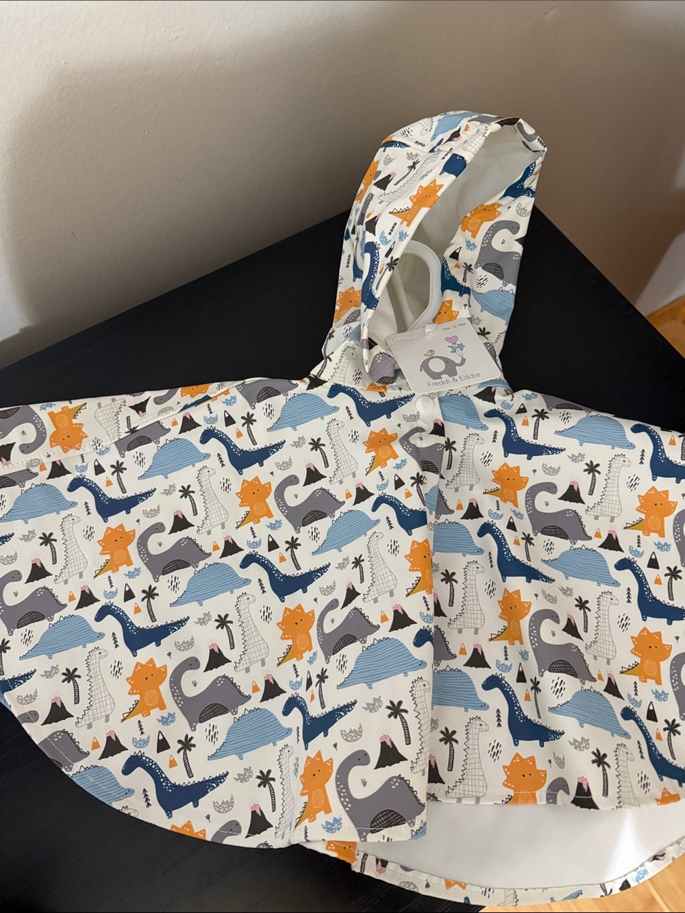 Freddie & Eddie Hooded Rain Poncho. Dinosaur Print Raincoat. Size 12-18 months